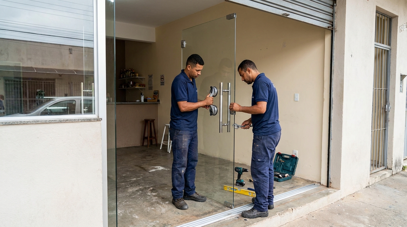 Dupla instalando porta de vidro em loja em Cuiabá-MT