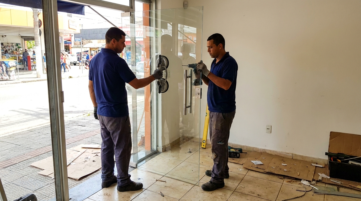 Porta de vidro de loja em rua movimentada em Cuiabá-MT